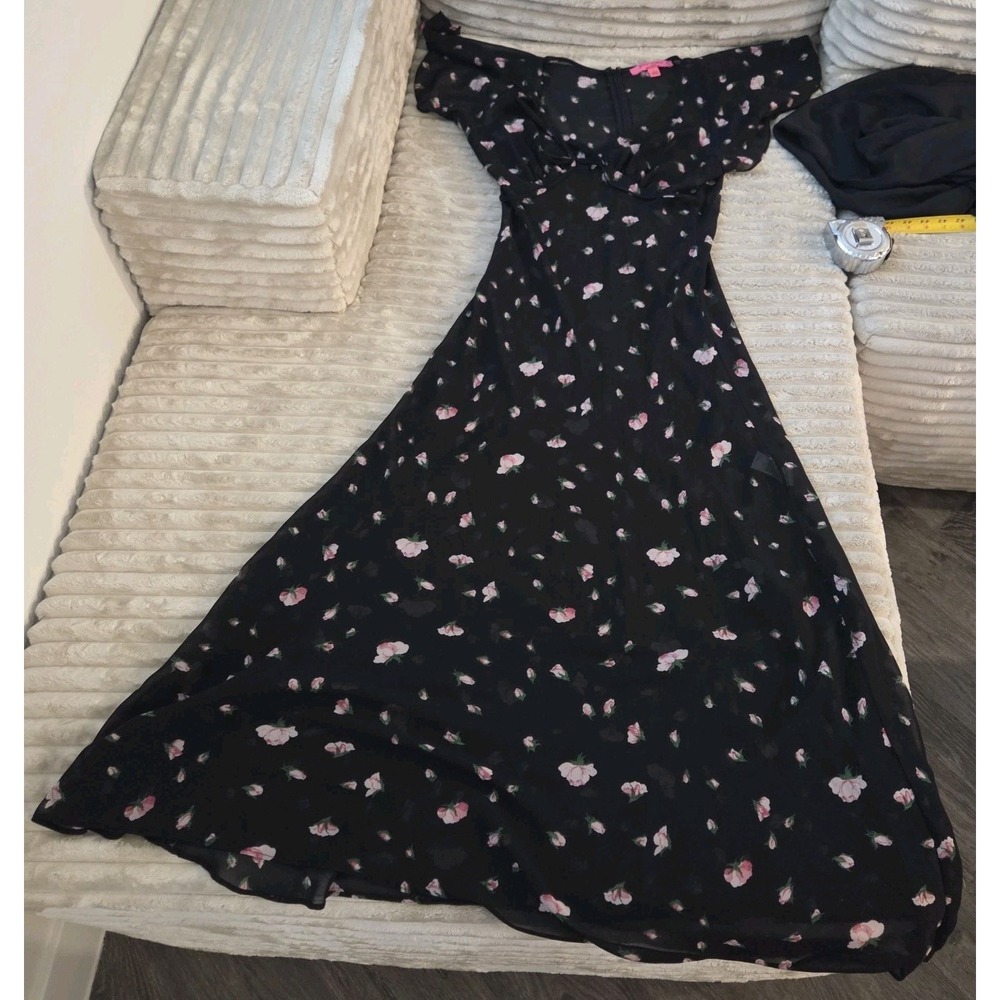 Y2K Betsey Johnson Urban Outfitters S Rosebud Maxi Dress Black Pink With Slip - Picture 1 of 14